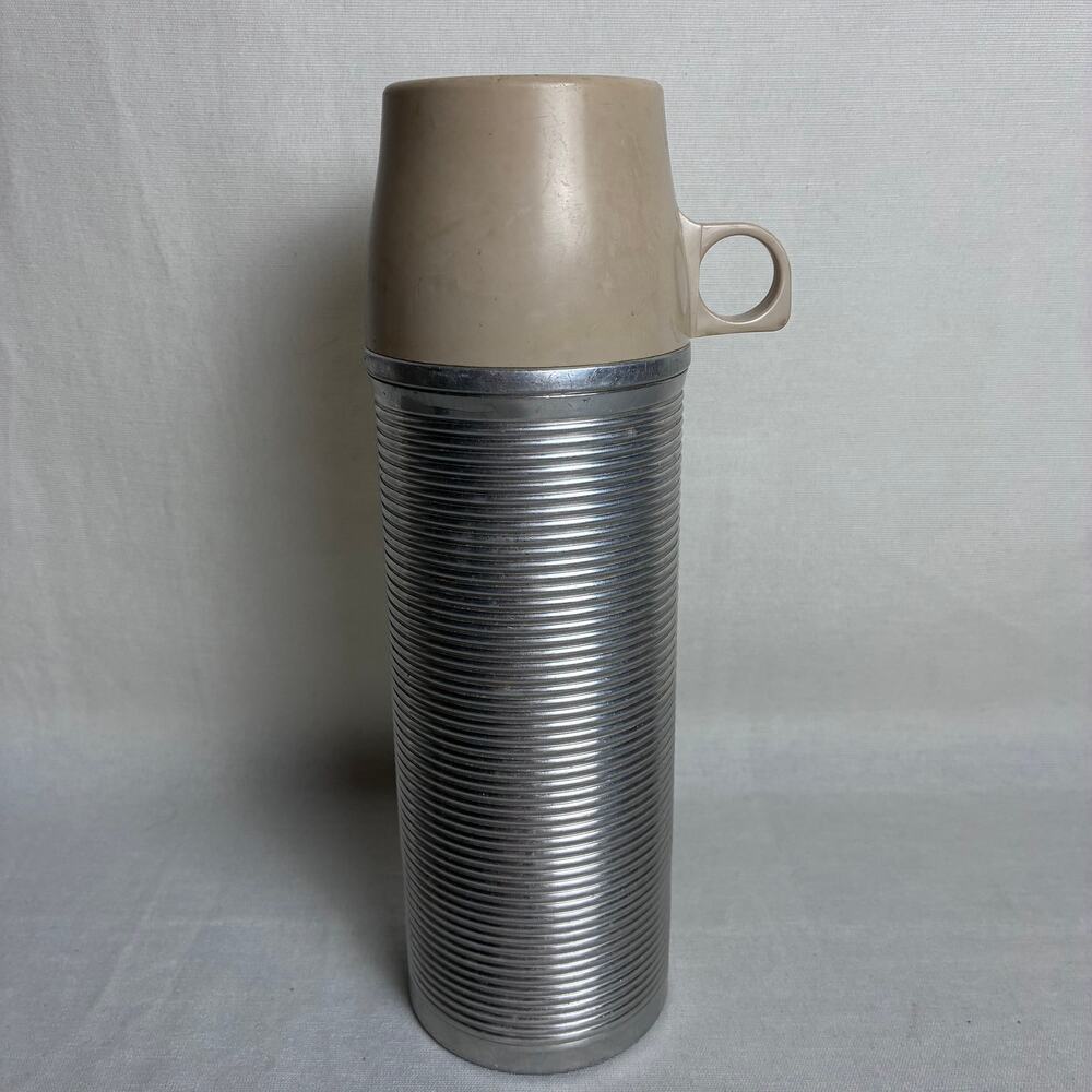 Vintage Thermos Bottle No 2284 Ribbed Aluminum Pint Vacuum Flask Polly Red Top